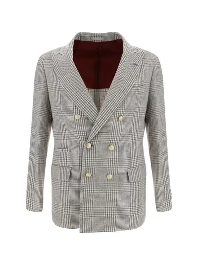 Brunello Cucinelli Blazer Jacket In Sigaro/grigio/bianco