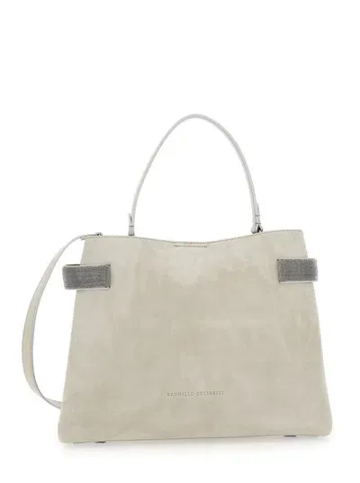 Brunello Cucinelli East-west Monili Suede Top-handle Bag In Neutrals