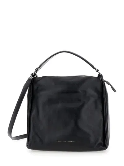 Brunello Cucinelli Black Medium Crossbody Bag With Monile Detail In Soft Leather Woman