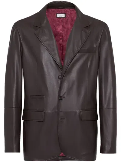 Brunello Cucinelli Single-breasted Leather Blazer In Brown