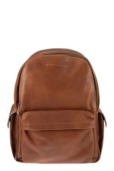 Brunello Cucinelli Calfskin Backpack With Grain In Brown