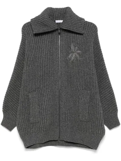 Brunello Cucinelli Ribbed Knit Half Zip Sweater In Grey