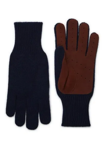 Brunello Cucinelli Cashmere Knit Gloves With Suede Palm In Navy Blue