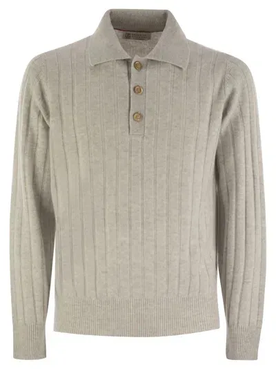 Brunello Cucinelli Cashmere Knit Polo Shirt In Fog