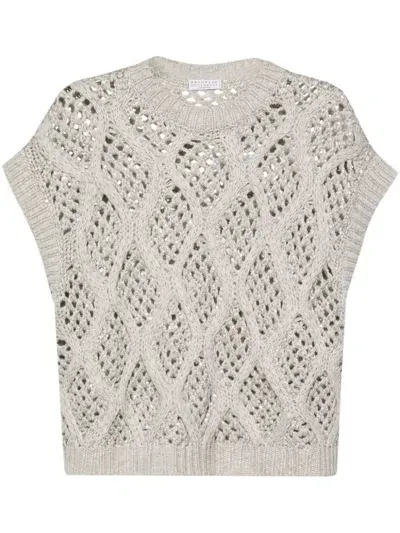 Brunello Cucinelli Sequined Open-knit Vest In Gray