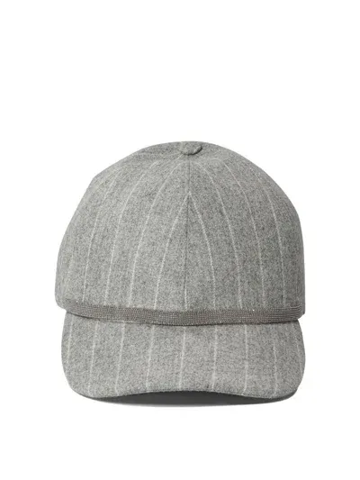 Brunello Cucinelli Chalkstripe Flannel Cap With Shiny Band Hats Grey In Multi