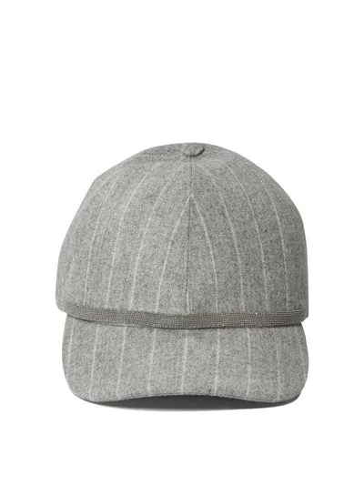 Brunello Cucinelli Chalkstripe Flannel Cap With Shiny Band Hats In Gray