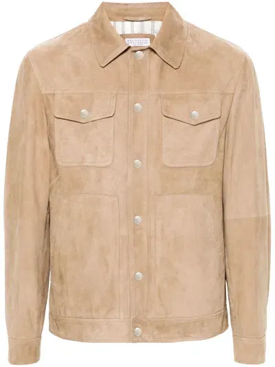 Brunello Cucinelli Classic-collar Leather Shirt Jacket In Neutrals