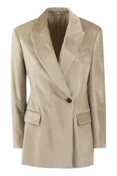 Brunello Cucinelli Fluid Viscose-cotton Twill Jacket With Necklace In Beige