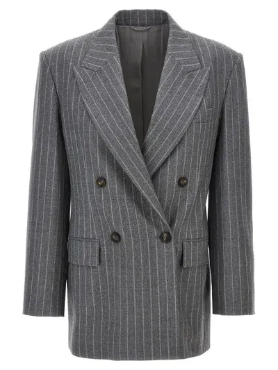 Brunello Cucinelli Pinstriped Double-breasted Blazer In Gray