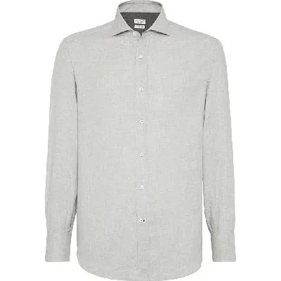 Brunello Cucinelli Cotton And Cashmere Twill Basic Fit Shirt With Spread Collar In Gray