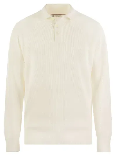 Brunello Cucinelli Cotton Rib Knit Polo Shirt With Long Raglan Sleeve In Cream