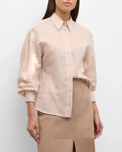 Brunello Cucinelli Cotton-silk Tonal Striped Long-sleeve Blouse In Pale Pink