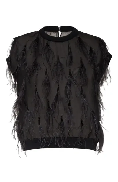 Brunello Cucinelli Feather-embellished Silk Blouse In Black