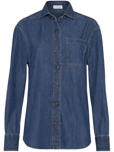 Brunello Cucinelli Denim Shirt With Monili Detail In Blue