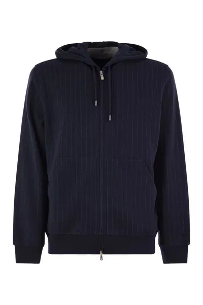 Brunello Cucinelli Luxury Pinstripe Zip Hoodie In Cotton, Cashmere & Silk Blend In Marine Blue