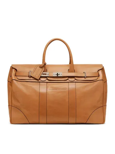 Brunello Cucinelli Duffel Bag With Logo In Nude & Neutrals