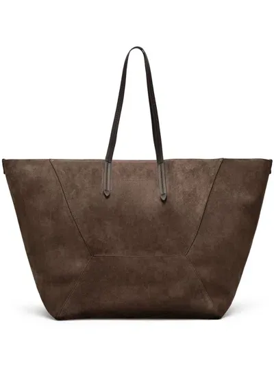 Brunello Cucinelli Embossed-logo Suede Tote Bag In Brown