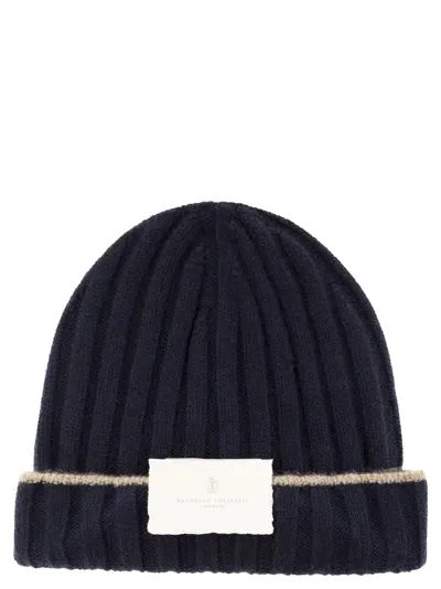 Brunello Cucinelli Cashmere Ribbed Knit Beanie Hat In Navy