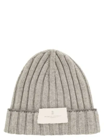 Brunello Cucinelli English Rib Cashmere Knit Beanie In Light Grey