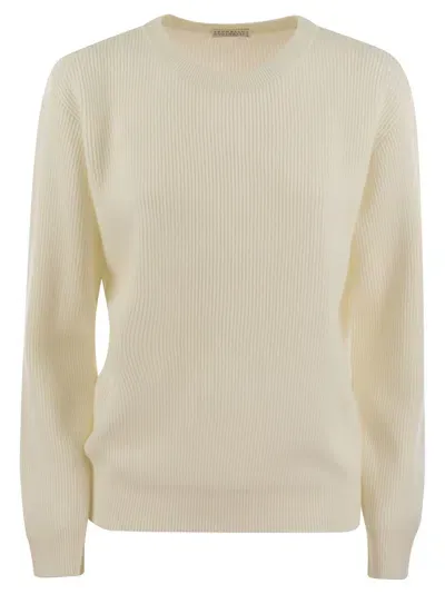 Brunello Cucinelli English Rib Cashmere Sweater With Monile In Cream