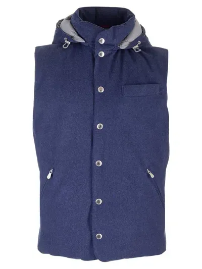 Brunello Cucinelli Flannel Hooded Down Gilet In Blue