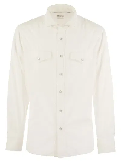 Brunello Cucinelli Garment Dyed Corduroy Easy Fit Shirt With Press Studs, Epaulettes And Pockets In Neutral