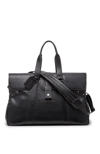 Brunello Cucinelli Grained Calfskin Country Weekender Bag In Black