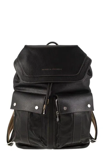 Brunello Cucinelli Grained Calfskin Leisure Backpack In Black