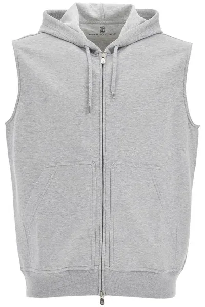 Brunello Cucinelli Hooded Jersey Vest With Hood In Grey