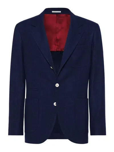 Brunello Cucinelli Wool, Silk And Cashmere Diagonal Deconstructed Blazer With Patch Pockets Jackets Blue