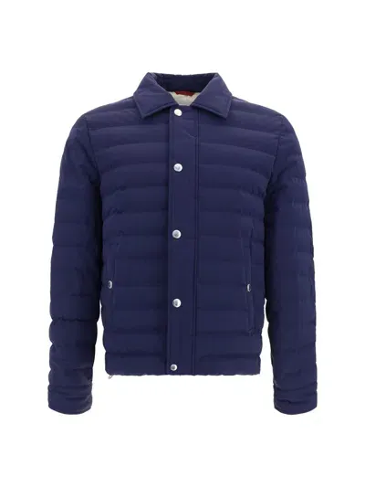 Brunello Cucinelli Down Jacket In Blu Indigo+semi Di Lino