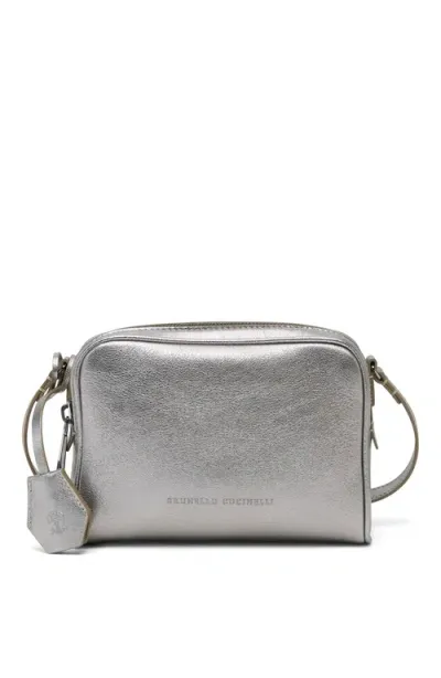 Brunello Cucinelli Lamé Calfskin Boston Clutch In Silver