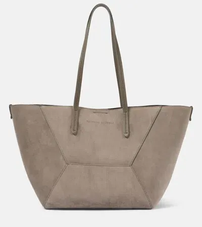 Brunello Cucinelli Large Suede Tote Bag In Grey