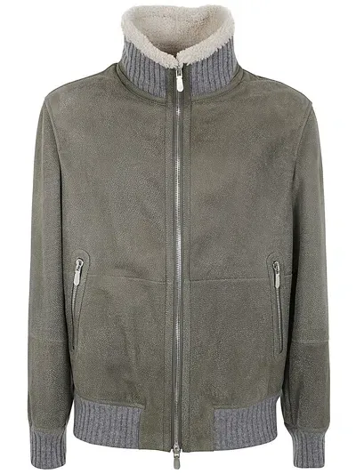 Brunello Cucinelli Leather Bomber Jacket In Military