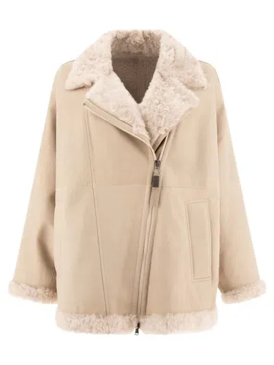 Brunello Cucinelli Leather Jacket In Beige