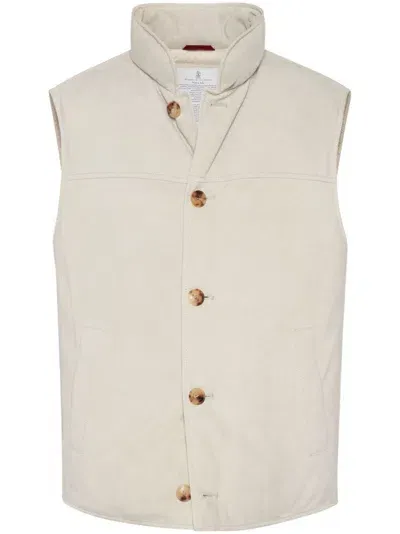 Brunello Cucinelli Padded Leather Vest In Natural