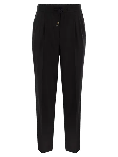 Brunello Cucinelli Leisure Fit Trousers In Virgin Wool Flannel With Drawstring And Double Darts In Black