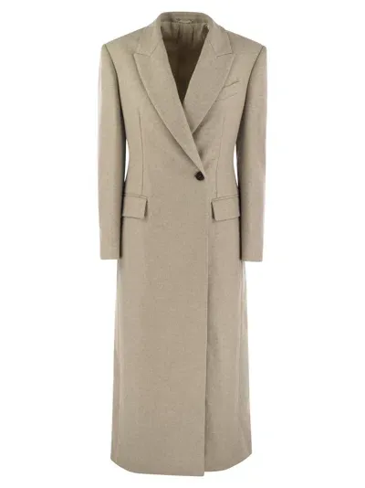 Brunello Cucinelli Lightweight Wool Cloth Coat With Jewellery In Beige