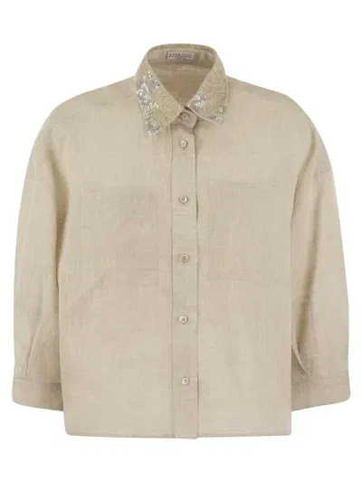 Brunello Cucinelli Linen Linen Shirt With Dazzling Magnolia Collar In Natural