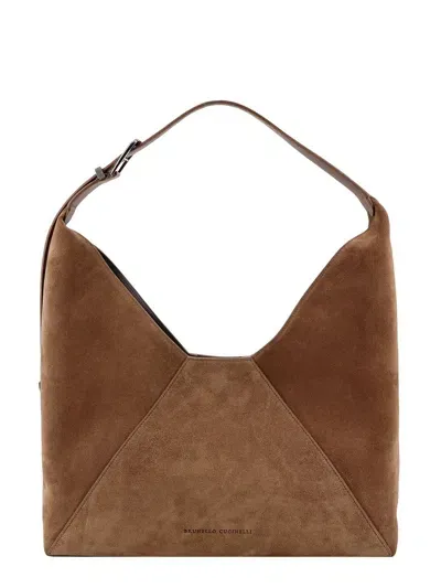 Brunello Cucinelli Logo Printed Panelled Shoulder Bag In Brown