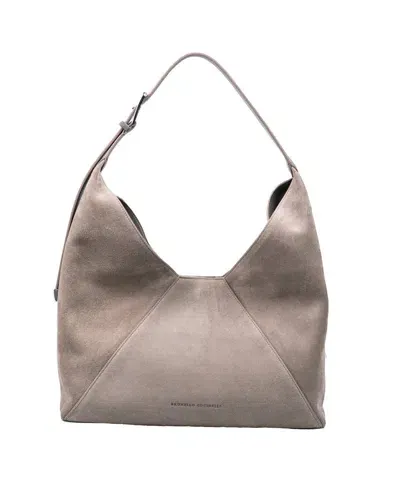 Brunello Cucinelli Logo Printed Panelled Shoulder Bag In Grey