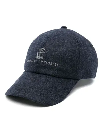 Brunello Cucinelli Logo Wool Baseball Cap In Blue