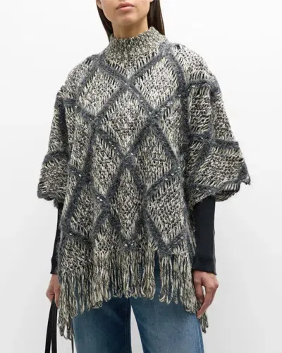 Brunello Cucinelli Macro Argyle Wool Couture Poncho In Gray