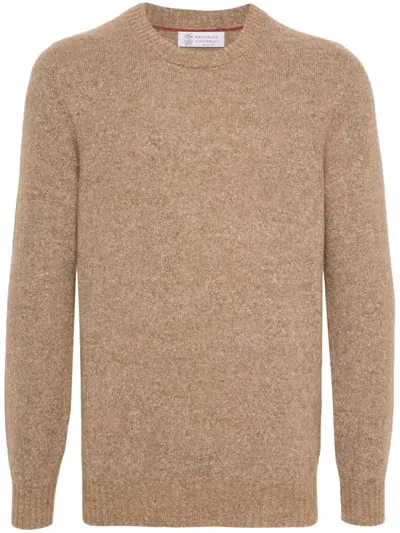 Brunello Cucinelli Wool Crewneck Sweater With Ribbed Trim In Brown