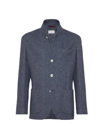 Brunello Cucinelli Water-resistant Herringbone Jacket In Blue