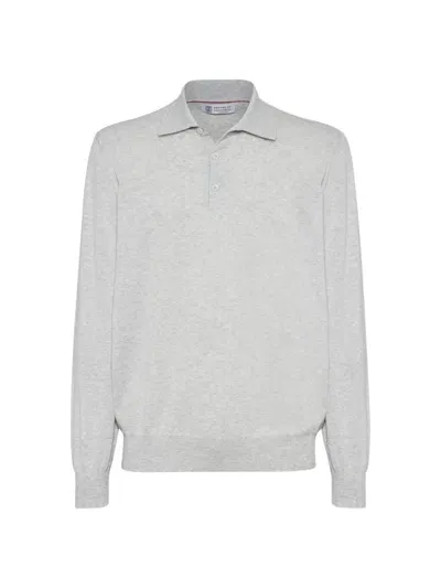 Brunello Cucinelli Men's Cotton Lightweight Polo Style Sweater In Fog