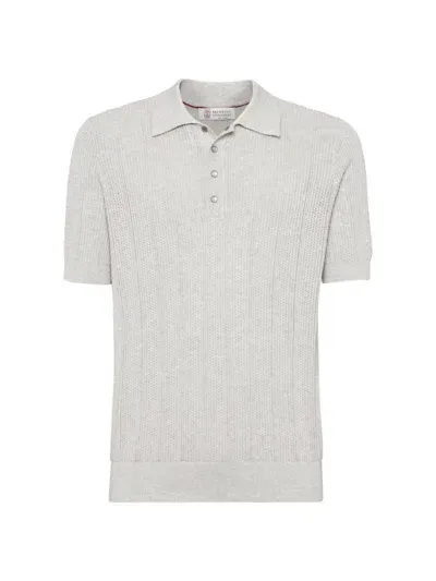 Brunello Cucinelli Men's Cotton Textured Rib Knit Polo Shirt In Light Grey