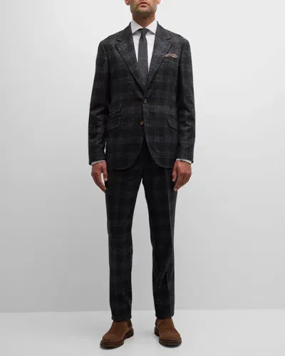 Brunello Cucinelli Men's Heathered Overplaid Suit In Anthracite