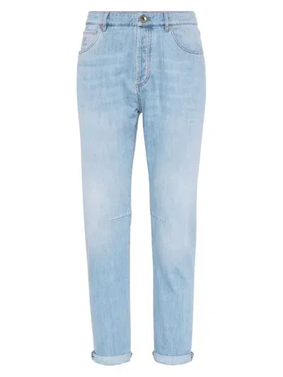 Brunello Cucinelli Logo Embroidery Denim Jeans Light Blue In Light Denim